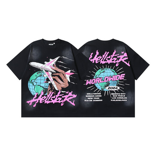 WALKING BEAUTY跨境批发美潮Hell地狱之星T-Shirt印花纯棉男女夏季宽松短袖T恤 691洗水黑 S