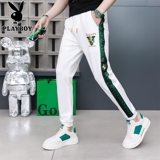 花花公子（PLAYBOY）刺绣休闲裤男夏季薄款潮牌修身冰丝束脚运动长裤男百搭速干小脚卫 9922白色 29