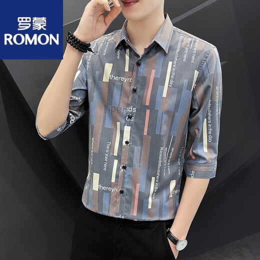 ROMON (ROMON) Camisa de manga de 7 cuartos camisa de manga de manga corta de manga corta para hombres, camisa de rayas a media manga delgada de manga, a la mano guapda de manga media 679 W blanco M