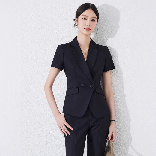 夏季职业装短袖小西装领外套女新款酒店前台工装正装收腰工作新款 蓝色 西装+裤子+裙子（JY6210） S