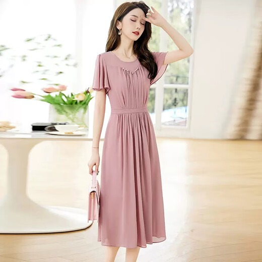 Ehangy国际轻奢女装高端连衣裙夏季新款2025时尚气质百褶显高收腰裙子 粉色【高端礼盒】 XL