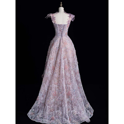 Wutuo large size evening dress purple light luxury niche banquet host adult ceremony suspender dressing gown bride toast wear engagement dress purple 4XL weight 155Jin Jin is equal to about 0.5 kg