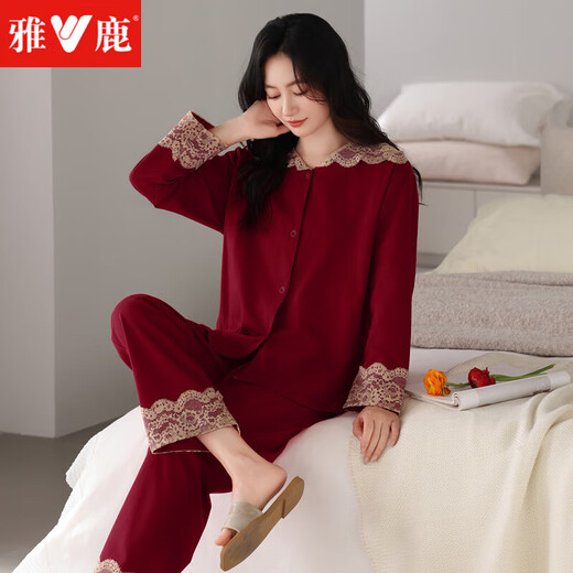 Yalu-Pyjamas für Frauen im Frühjahr und Herbst reines Baumwoll-Langarm-Spitze Großgröße Loses Jahr des Zodiac Red Snake Year Home Clothing Set 4885 WEIN ROT M 80-100JIN [Jin ist 0,5 kg]