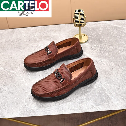 卡帝乐鳄鱼（CARTELO）男鞋夏季透气商务休闲套脚爸爸皮凉鞋男士镂空皮鞋牛皮打孔豆豆鞋 9910黑色 40