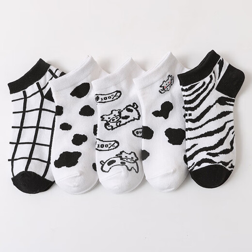 Socks for women in spring and summer sports ladies short socks black and white cow women short socks couple boat socks casual shallow mouth socks five colors one pair in total 5 pairs [Hua Niu]