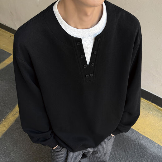 IZEXX fake two-piece Henry collar sweatshirt men's autumn round neck simple versatile loose bottoming shirt top JW19 black 2XL