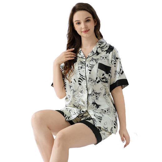 
Ice silk pajamas for women in summer new cute cat summer shorts shorts silky cool home clothing set WLW9226 2XL [recommended 130-145 Jin [Jin equals 0.5 kg]]