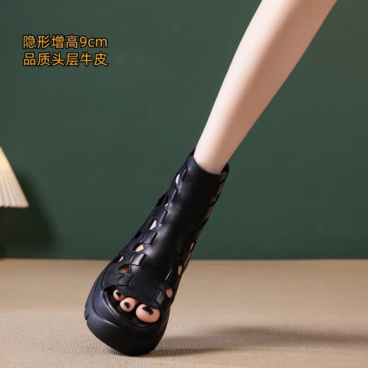 Rome leather Roman sandals for women wearing summer women's European and American style high heels fish mouth shoes heel thick-soled sandals for women black 34