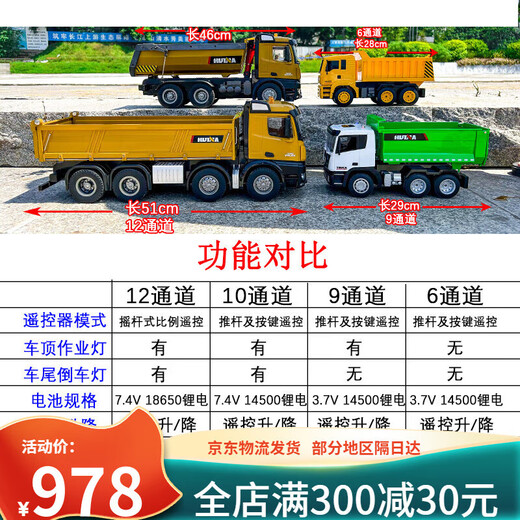 优观遥控真实卡车大型遥控翻斗自卸车儿童运输工程汽车玩具男孩合金 12通道全比例自卸车一组标配电池