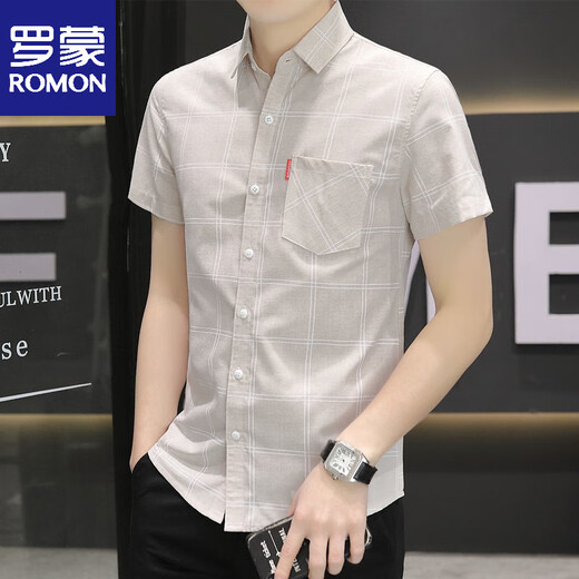 Romon 2025 Camisa de manga corta de verano Camisa de seda de hielo a cuadros para hombres Jóvenes de ropa formal