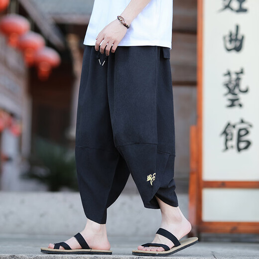管先生新中式轻国风刺绣哈伦裤男2025夏季宽松休闲吊裆裤男士大码飞鼠裤 K1047蓝灰色 M