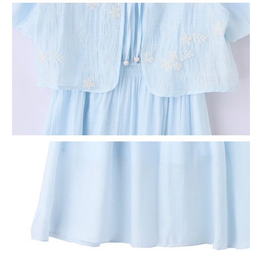 XAE luxury high-end brand short-sleeved dress for women 2025 summer new round neck embroidered vest small shawl set skirt blue L [recommended 110-120Jin [Jin equals 0.5 kg]]
