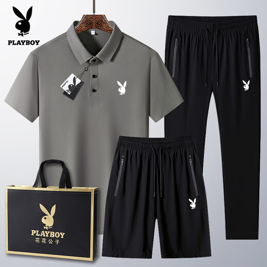 Playboy (PLAYBOY) dad summer suit for middle-aged and elderly casual ice silk POLO. shirt short-sleeved T-shirt 40-60 years old clothes Medium gray 6629 [shorts] suit M wear 95-110Jin [Jin equals 0.5 kg]