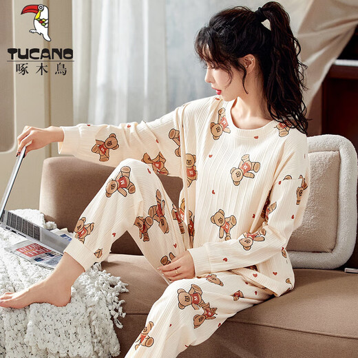 Tucano; Pajama de pájaros carpinteros para mujeres en primavera y otoño Versión coreana de algodón puro Corea de manga larga Traje informal de gran tamaño para el verano y el otoño Invierno La ropa de la casa se puede usar fuera de GXT9923 2XL (recomendado 130-145 Jin [Jin iguala 0.5 kg])