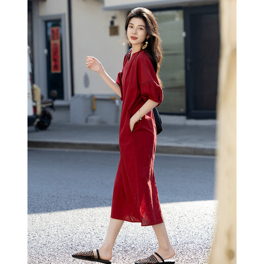 德玛纳【春暮迟】夏季爽滑亚麻棉竹节布圆领宽松直筒小个子气质女连衣裙