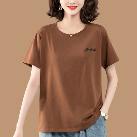 Gioio mittlere Mutter mit purem Baumwoll-T-Shirt für Frauen im Sommer kurzärmelig lose Sweatshirt Plus Size Damen mittleren und älterer runder Hals brauner Top White [KSP-9896] 3xl geeignet für 145-160jin [Jin entspricht 0,5 kg]