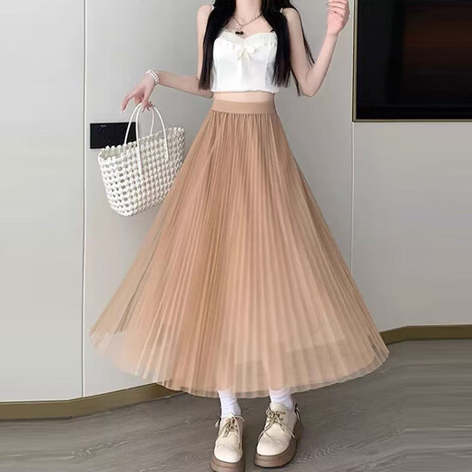 2025 new spring and summer versatile age-reducing women's mesh skirt over the knee long high-waisted slimming A-line pleated skirt 1369 [Clay color] XL [Recommended 125-140Jin [Jin equals 0.5 kg]]
