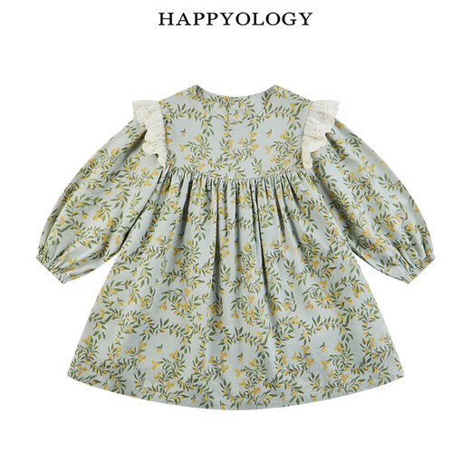Happyology British children's new spring and summer children's clothing skirt retro long-sleeved embroidered lace girls' dress with vine walnut branches-blue gray 86 (86cm)