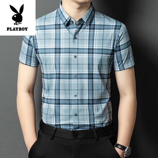 Playboy (PLAYBOY) high-end summer new mulberry silk short-sleeved shirt for men's iron-free anti-wrinkle business casual plaid half-sleeved shirt trend 15273 gray M 165