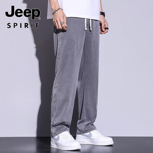 吉普（JEEP）冰丝休闲裤男士莱赛尔透气宽松直筒阔腿裤潮牌柔软长裤子男生 1048黑色 M (100斤)