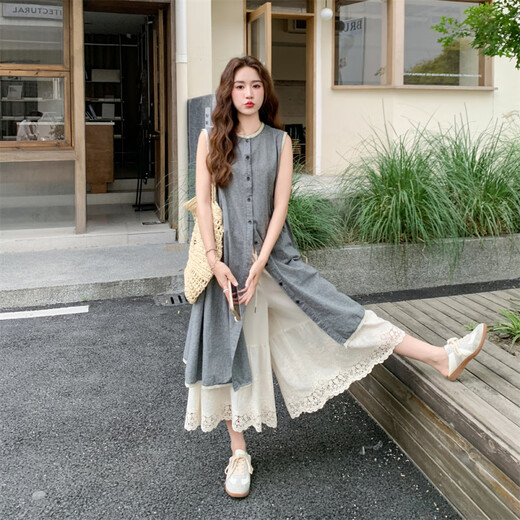 拉夏贝尔（La Chapelle）氛围感背心连衣裙套装女夏季巨好看大方得体蕾丝花边阔腿裤两件套 灰色两件套 S （建议105斤以内）