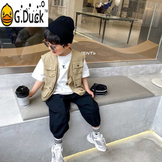 G.DUCKKIDS儿童装马甲男童秋装帅气韩版背心春秋款工装坎肩洋气马夹男孩外套 卡其色 120 cm