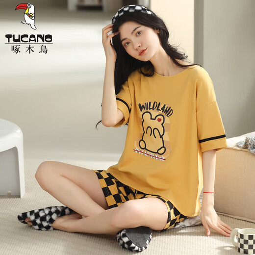 啄木鸟（TUCANO）夏季女士短袖全棉格子睡衣套装夏天纯韩版家居服可外穿卡通 Y9848 M (建议75-95斤)