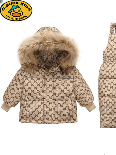 Children's down jacket suit winter new infant baby suspender down pants boys and girls down jacket jacket gray 100 100cm