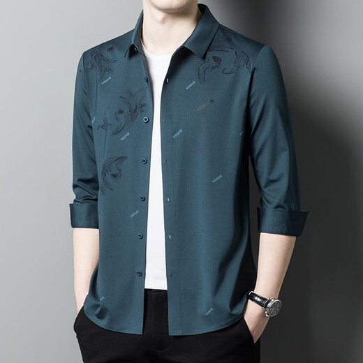 Seven Wolves Spring 2025 Men's Markless Shirt Middle-aged Outdoor Business Long Sleeve Lapel Print Trendy and Versatile FC-LB6627 Dark Green M -165