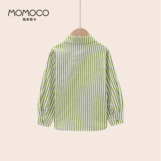 Mami Maka (MOMOCO) children's clothing boys' shirts 2025 autumn style medium and large children's pure cotton Korean vegetable striped shirt 014 green 90