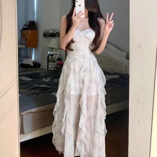 FOX.G skirt new suspender dress women summer 2025 new clothes women's small French pure desire long skirt ink floral ruffle dress L recommended 110-120Jin Jin equals 0.5 kg