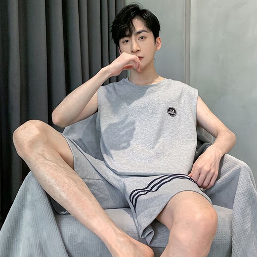 Hiver Mist Men's Pyjamas Summer Cotton Cotton Men's Ultra-Thin Loose Plus taille sans manches Vers les vêtements de maison peuvent être portés à l'extérieur de 9928 # (Shorts à manches courtes) L Poids 100-120Jin [Jin est égal à 0,5 kg]