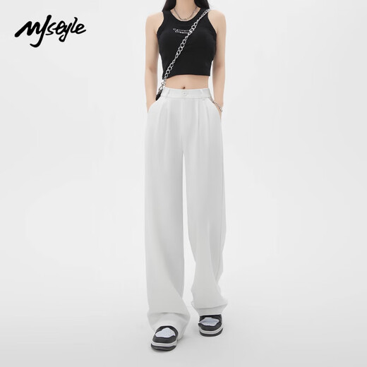 MJ STYLE wide-leg pants for women's summer thin high waist drape straight-leg pants narrow version casual pants versatile slim suit pants black L