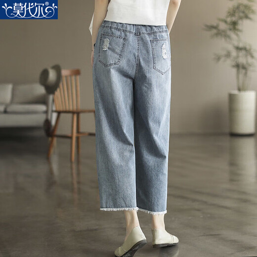 
Modal literary retro embroidered ripped jeans for women in summer and autumn straight pants loose and slimming women's cropped pants A6210# blue, good upgraded fabric quality is better M 95-105Jin[Jin equals 0.5 kg]