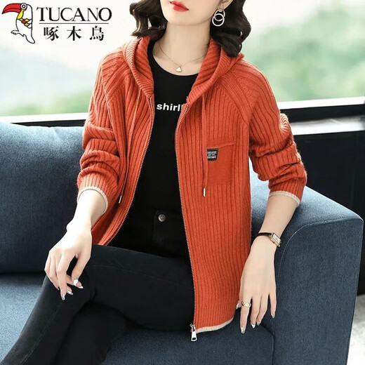 
Woodpecker's new knitted sweatshirt for women with hooded Korean style zipper sweater cardigan baseball uniform jacket hoodie women's outer wear spring and autumn navy blue XS