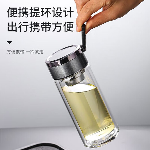 New double-layer insulated glass cup, high temperature resistant tea cup, portable tea and water separation universal mini drinking cup, black mini handle cup, 288ml 1 piece