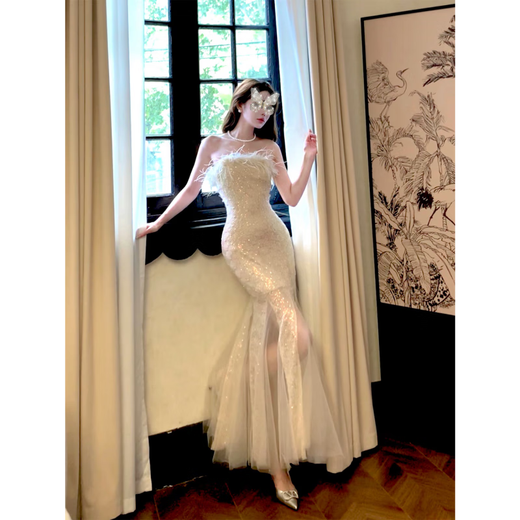 GJFDGood Job Jing Huan Feather Tube Top Mermaid Waist Dress Suspender Fishtail Skirt Temperament Dress Jing Huan S (Detachable Shoulder Strap)