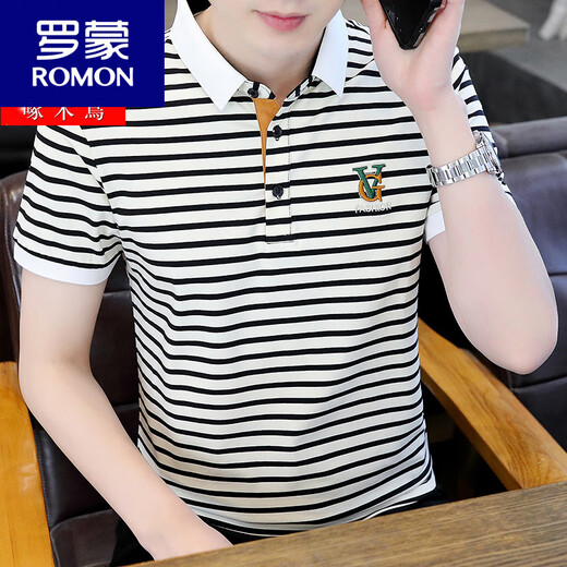ROMON short-sleeved T-shirt for men's summer ice silk polo shirt striped embroidered lapel t-shirt breathable half-sleeved top 6626 gray M [80-100Jin [Jin equals 0.5 kg]]