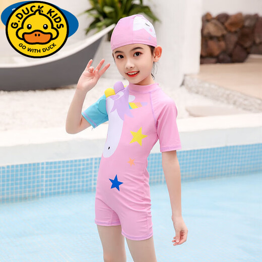 G.duck new summer product, children's swimsuit, girls' quick-drying one-piece sun protection surfing suit for middle-aged and older children 3-15 years old, pink unicorn (swimsuit + swimming cap) L (suitable for weight 20-30Jin Jin equals 0.5kg)