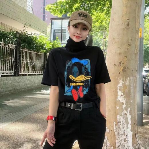 猫容2025新款卡通印花短袖T恤女设计感半袖体恤上衣服 黑色【纯棉R字母】_1283# L _合适80-105斤