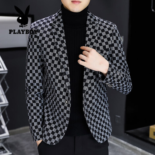 Playboy (PLAYBOY) Plaid Blazer Men's 2025 Spring and Autumn New Fashion Slim Small Suit Trendy Brand Handsome Single Jacket Black L (110-125Jin Jin equals 0.5kg)