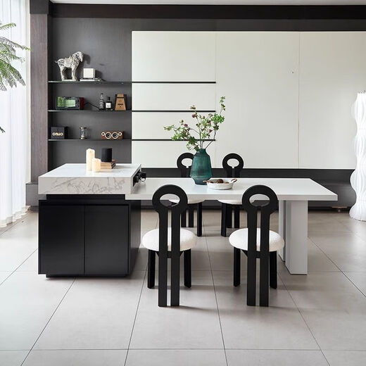 Platinum Italian style simple white slate island and dining table integrated small household multi-functional retractable kitchen island standard model (without socket function) + 4 chairs 50cm (retractable) length 1.8-2.3m