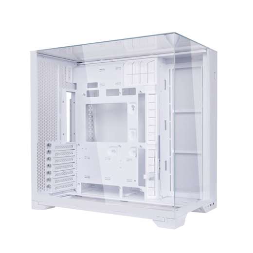 LIANLI Bauhaus O11 Vision Boîtier compact avec vue sur la mer pour ordinateur de jeu sans colonne, boîtier de bureau en verre à trois faces/refroidissement par eau à 360 degrés, version exquise blanc + écran secondaire + ventilateur sans fil de quatrième génération 5 avant et 3 arrière + émetteur