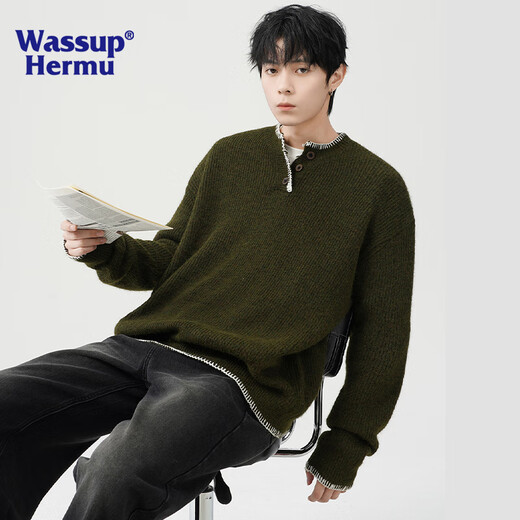 WASSUP HERMU official sweater men's autumn and winter retro atmosphere sweater niche design Henry collar lazy top jacket apricot L (recommended 130-150Jin Jin equals 0.5 kg)