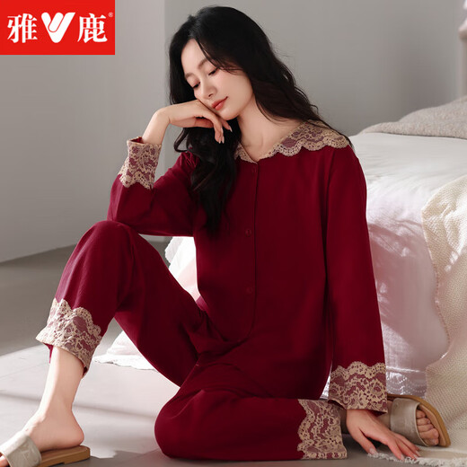 Yalu-Pyjamas für Frauen im Frühjahr und Herbst reines Baumwoll-Langarm-Spitze Großgröße Loses Jahr des Zodiac Red Snake Year Home Clothing Set 4885 WEIN ROT M 80-100JIN [Jin ist 0,5 kg]
