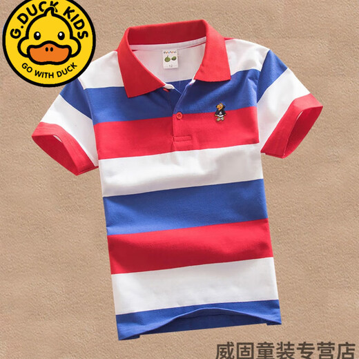 G.duck儿童男童棉质条纹短袖polo衫T恤0-15岁童装2024新款翻领小中大童 7029红白 170 4码=90cm