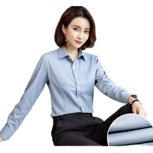 LA海澜之家（HLA）同款）春季女士长袖衬衫韩版修身暗门襟白色衬衣 15604蓝色斜纹V领 36