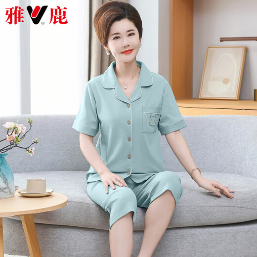 Pajamas de cardigan maman haut de gamme Yalu pour femmes en été en coton pur pantalon à manches courtes à manches courtes à manches courtes de grande taille des vêtements à domicile de l'âge moyen et âgés 9898 m [80-100jin [Jin est égal à 0,5 kg]]]