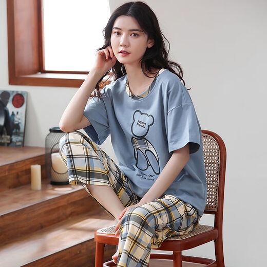 Langsha 100% pure cotton pajamas for women in spring and summer short-sleeved trousers casual loose women Korean style home clothes for autumn wear suit T-9711 (short-sleeved trousers) XL size (125-145Jin [Jin equals 0.5 kg]) All size
