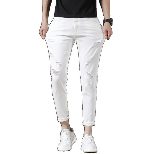 
TTPMER ripped nine-point pants men short white jeans men trendy elastic slim feet 9 points 2025 black and gray 1048 nine-point pants QN [high elasticity 27 size = waist 2 feet